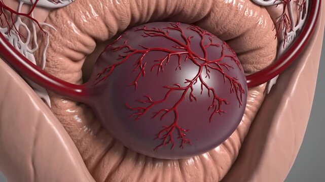 Detailed 3D animation of an aneurysm forming and growing on a blood vessel, illustrating the progressive stages of this vascular condition.