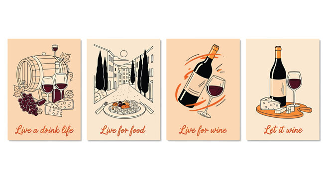 Set of four wine and food posters with illustrations of wine bottles, glasses, cheese, grapes, and italian landscape, handdrawn style vector art for restaurant or kitchen decor
