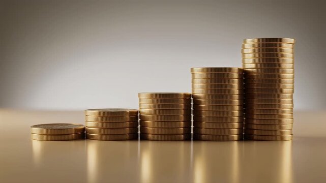 Five stacks of gold coins increasing in height like a bar graph representing financial growth and success in a clean cinematic setting
