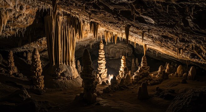 Deep, dark limestone cavern showing majestic geological formations. Dripping stalactites hang from the ceiling while large stalagmites rise from the floor ,environment ,grotto ,exploration