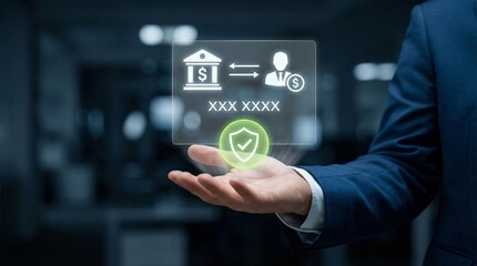 Fototapeta premium Executive showing glowing virtual financial transaction interface with cyber security shield