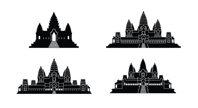 Set of angkor wat temple silhouettes, iconic cambodian landmark, vector illustration of ancient khmer architecture