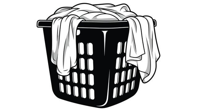 Laundry basket full of clothes, vector illustration of a plastic hamper with garments hanging over the edges, household chore concept