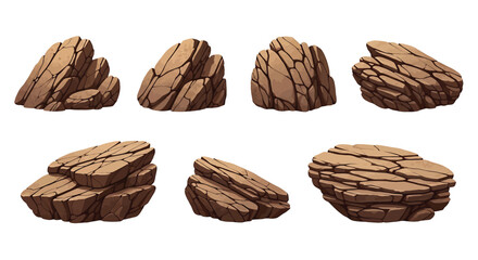 Set of cartoon rocks and stones, collection of brown boulders with cracks and texture, different shapes of geological formations for game design © Hikari Vector Studio