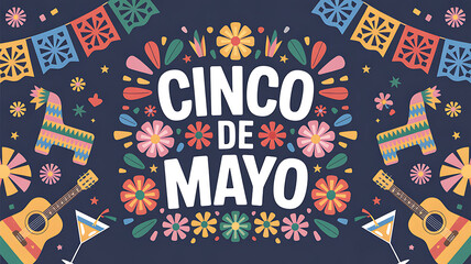 Fototapeta premium Vibrant cinco de mayo celebration graphic with colorful flowers and guitars