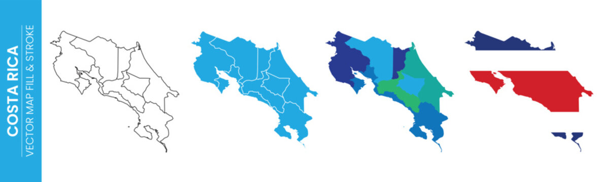 Costa Rica map outlines with different fill colors and national flag design