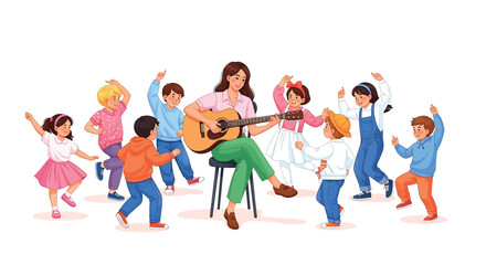 Obraz premium A teacher playing guitar for a group of happy children dancing and having fun together