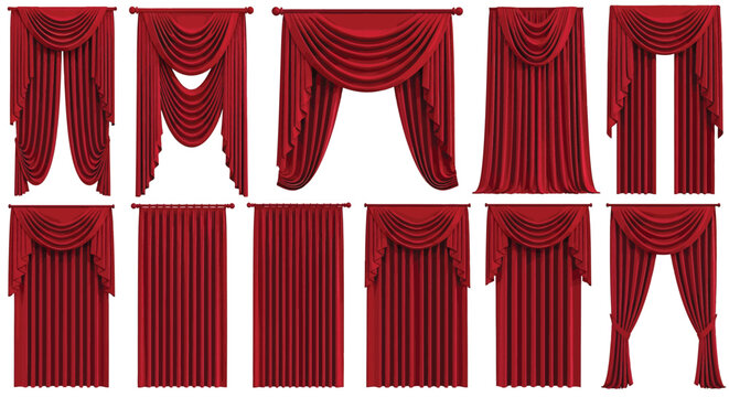 Set of classic red curtains and drapes with swags and valances