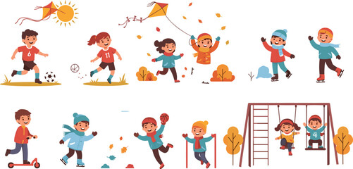 Fototapeta premium Kids outdoor activities in different seasons with playing football kite flying skating and playground fun cartoon vector illustration set