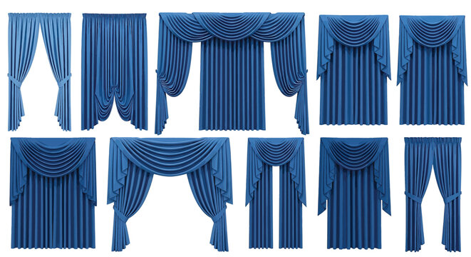 Set of luxury blue curtains and drapes with swags and valances