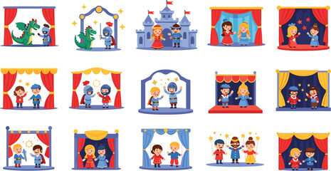Naklejka premium Kids theater performance set with stage scenes, fairy tale characters and costumes, cartoon children acting in play show, entertainment and drama vector illustration