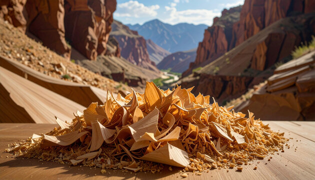 Close up of golden wood shavings with canyon landscape background