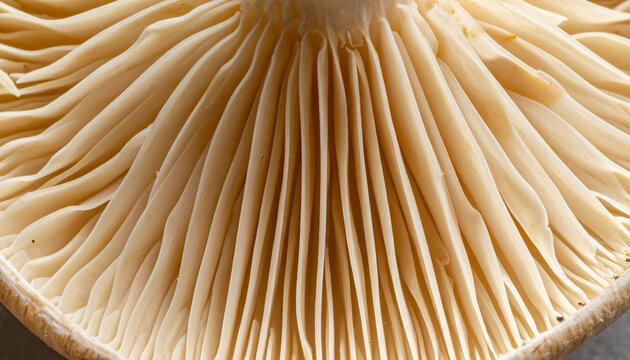 Close up of mushroom gills texture with beige and light brown colors