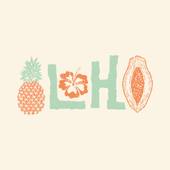 aloha illustration pineapple graphic papaya design flower badge tropical vintage typography © kaboet