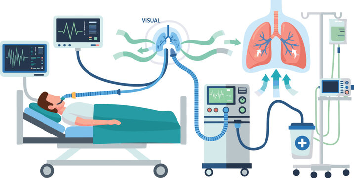 Ventilator medical treatment concept with patient in hospital bed respiratory support machine lungs diagram healthcare cartoon vector illustration set