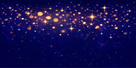 Abstract, a celestial dance of shimmering golden particles cascades against a deep blue canvas, evoking a sense of wonder and cosmic beauty. © Xw Pixel