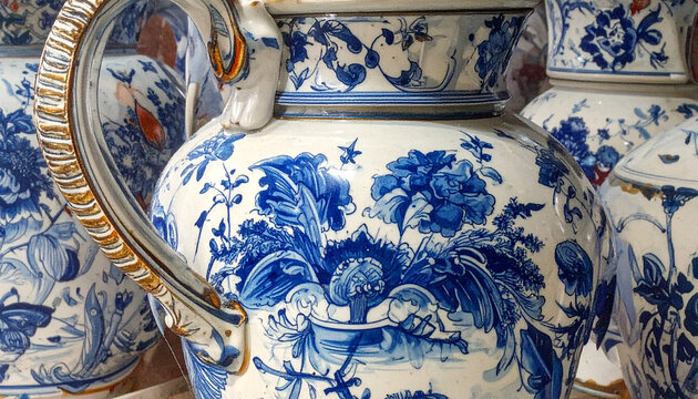 Close up of blue and white ceramic vases decorative floral pattern detail