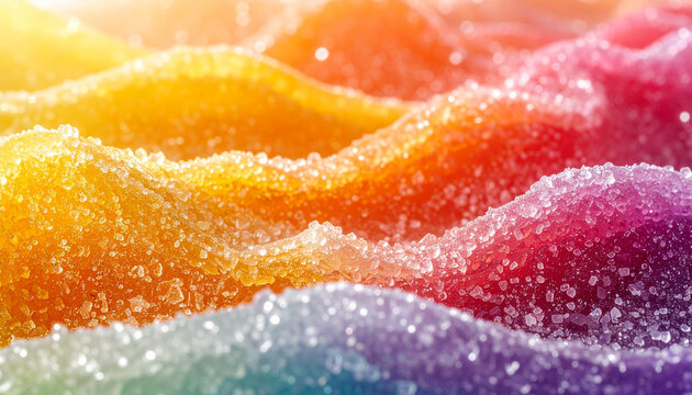 Close up of colorful sugar coated candy texture with vibrant hues and light