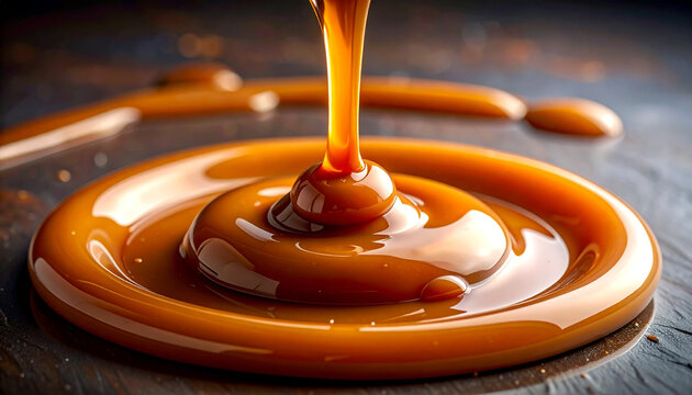 Close up of flowing caramel with shallow depth of field studio lighting