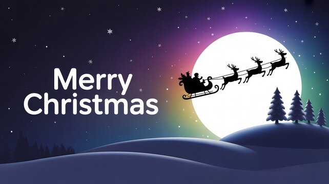 Merry christmas santa sleigh ride under full moon