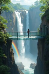 Fototapeta premium A lone observer stands on a glass bridge overlooking a majestic waterfall that drops into a deep canyon, vertical composition. A vivid rainbow glows amidst the spray and greenery.