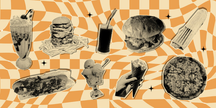 Retro fast food halftone collage set with burger, fries, hot dog, pizza, milkshake, ice cream, shawarma and more. Vintage street food collection for menu design, branding, posters. Vector illustration