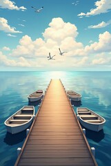 Fototapeta premium Sunlight reflects off the serene turquoise water as a wooden pier leads to the horizon, vertical composition. Fluffy clouds and seagulls fill the blue sky above the docked boats.