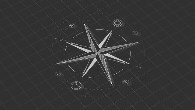 Wind rose compass animation with clean monochrome design on a minimal background. Rotating navigation symbol with cardinal directions and geographic orientation. Ideal for travel and exploration.