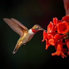 Fototapeta premium Ruby throated hummingbird feeding on red trumpet flowers, dynamic flight, detailed macro shot, nature wildlife, close-up, artistic photography, exotic bird, garden, summer, blossom, motion