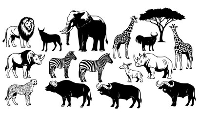 Black and White African Safari Animal Silhouettes with Trees Vector Illustration Collection © MdSirazul