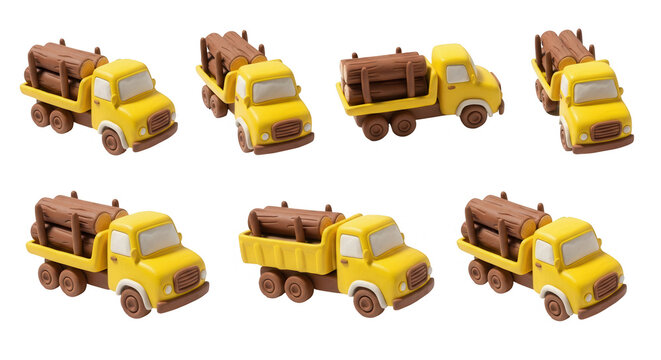 miniature yellow trucks transporting logs on white background delivery industry or construction