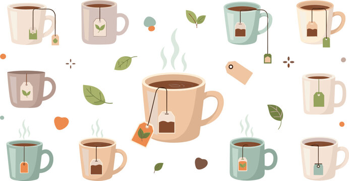Tea cups collection with hanging teabags cozy flat vector illustration warm herbal drink set with leaves and steam elements design