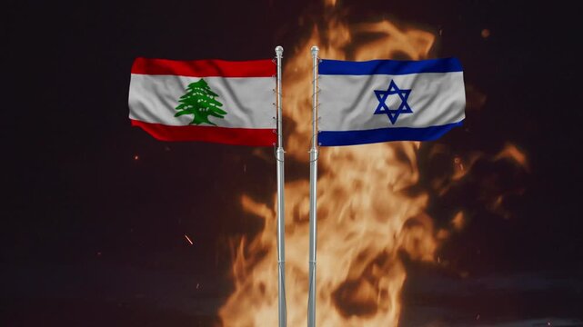 Lebanon and Israel flags wave against a backdrop of dynamic fire footage