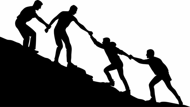 Four people helping each other up a steep hill