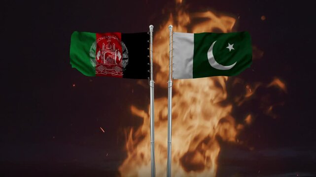 Flags of Afghanistan and Pakistan waving in fire and embers animation