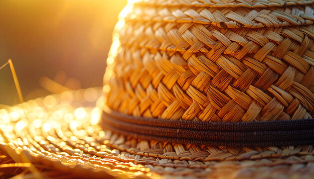 Close up of a woven straw hat with selective focus and warm sunlight