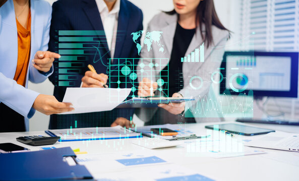 Businesswoman hand Project manager working and update tasks and Gantt chart scheduling virtual diagram.