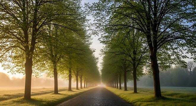 Serene tree lined road at sunrise.