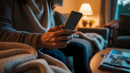 Fototapeta premium Close-Up of Person Using Smartphone on Couch in Cozy Evening Living Room