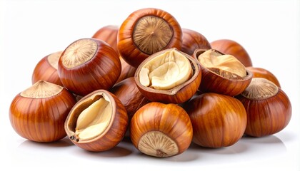 Obraz premium Fresh hazelnuts, some shelled, on white background
