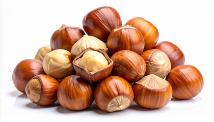 Obraz premium Hazelnuts pile with some shelled, close-up on white background