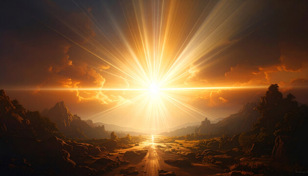 Dramatic landscape with brilliant light burst emanating from the horizon