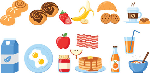Breakfast food collection with eggs pancakes croissant coffee juice cereal and fruits morning meal vector illustration set © Kharshad Creative