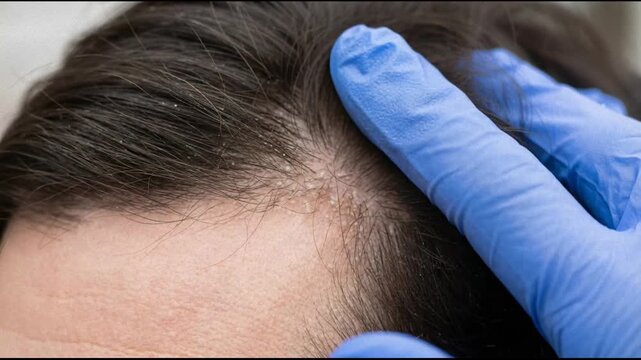 Close-up of a person's scalp showing signs of a skin condition like psoriasis or dandruff being examined by a gloved hand