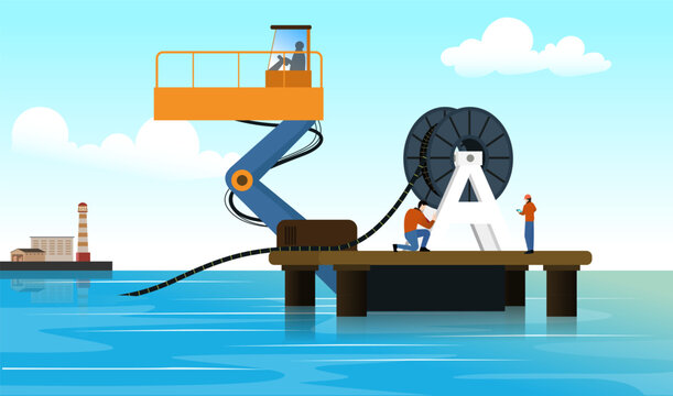 The process of installing submarine cables using a cable reel on a water platform, Submarine cable installation vector illustration, Utility cable installation in water
