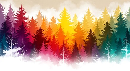 Fototapeta premium Vibrant rainbow colored pine trees in a misty forest landscape scene