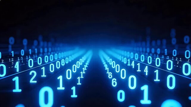 Binary code glowing blue numbers