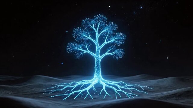 Glowing blue tree in dark space