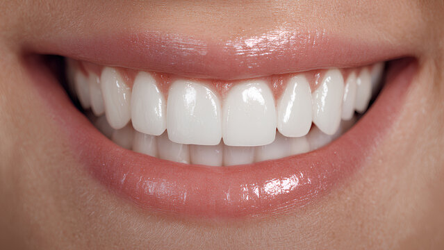 Beautiful Healthy White Teeth Smile Close Up, Perfect Lips and Dental Care Concept
