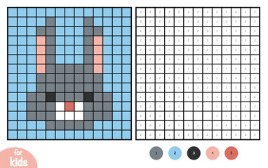 Fototapeta premium Cute rabbit character head. Pixel color by number page for kids. Education activity for preschool and kindergarten children to learn numbers and colors. Simple square grid design